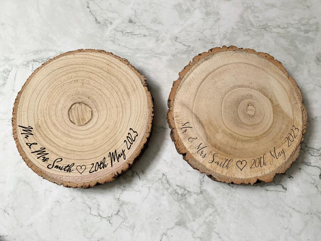 Resplendent Aurora | SECONDS QUALITY Personalised Engraved Wood Slice, Wedding Cake Display Board with Any Design