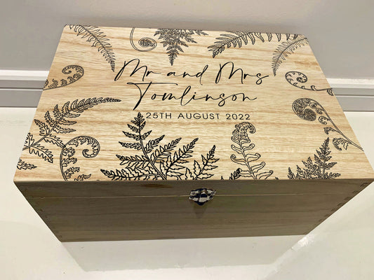 Large Personalised Engraved Wooden Wedding Keepsake Memory Box with Ferns