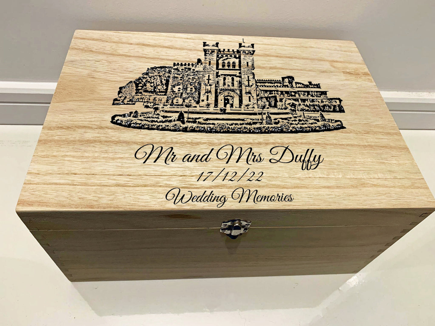 Resplendent Aurora | Wooden Wedding Memory Box with Personalised Venue Engraving