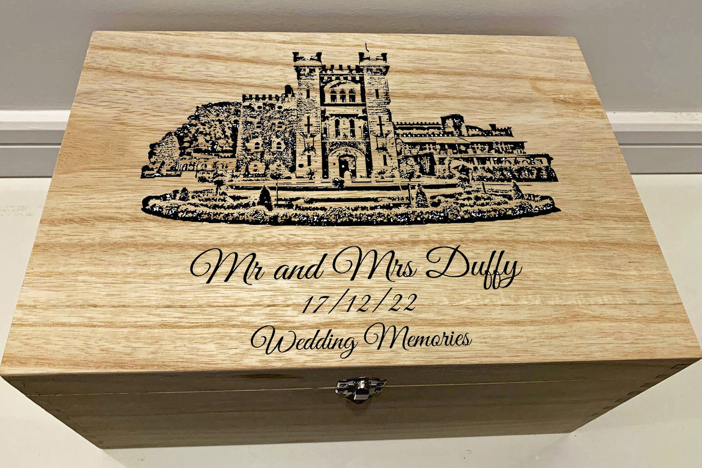 Resplendent Aurora | Wooden Wedding Memory Box with Personalised Venue Engraving