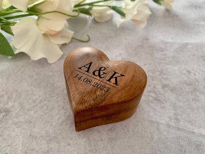 Resplendent Aurora | Personalised Heart Engraved Wooden Wedding Ring Box, Engagement Ring Box with Initials, Anniversary Gift