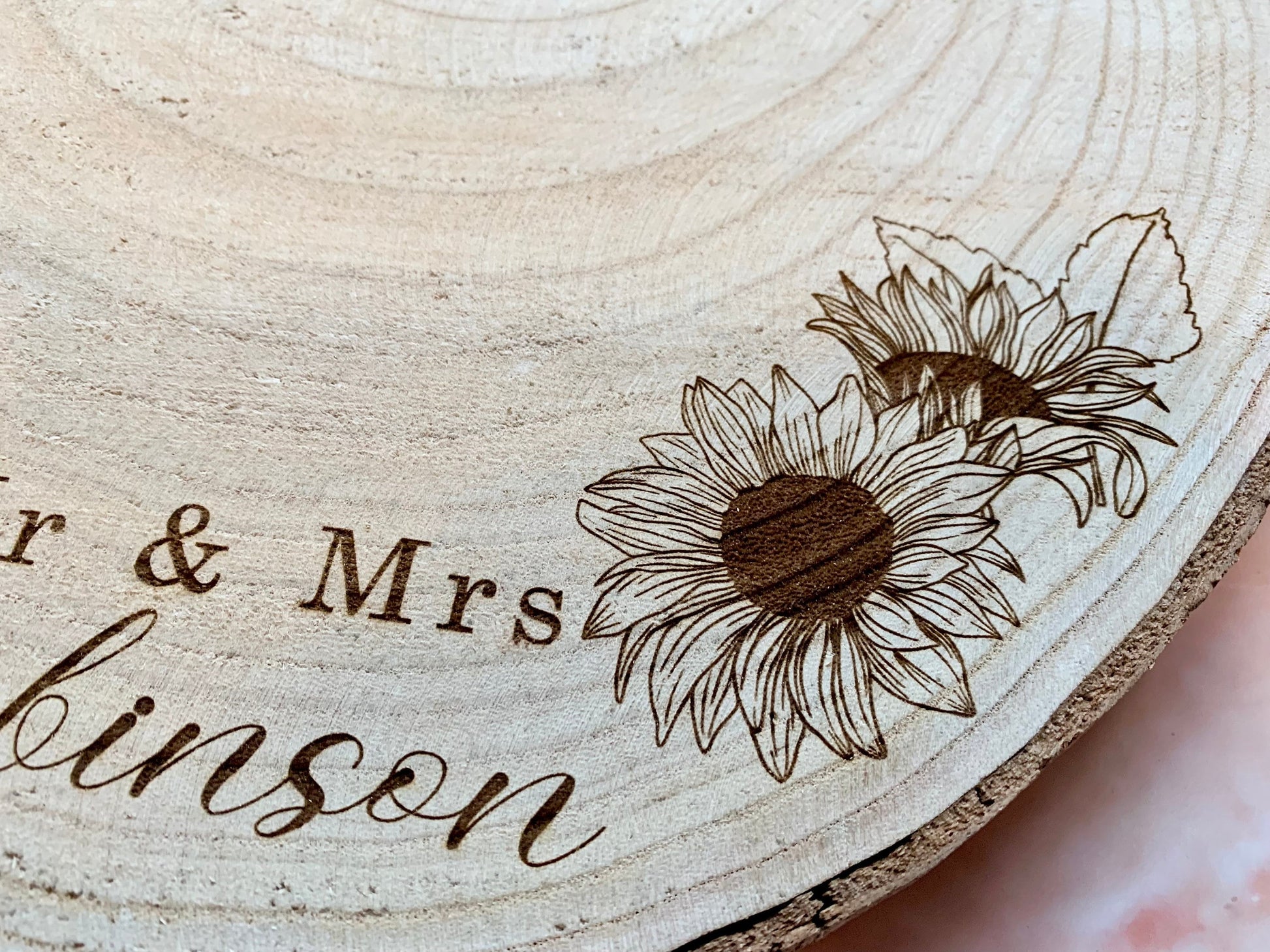 Resplendent Aurora | Personalised Engraved Wood Slice, Wedding Cake Display Board with Sunflowers