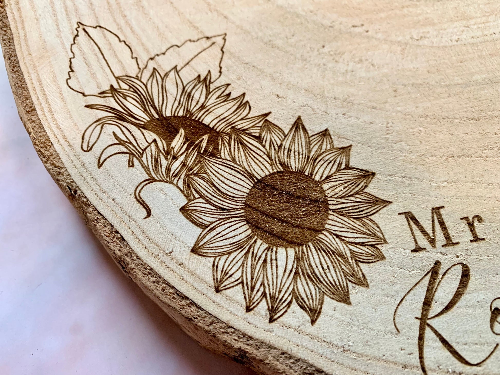 Resplendent Aurora | Personalised Engraved Wood Slice, Wedding Cake Display Board with Sunflowers