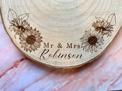 Resplendent Aurora | Personalised Engraved Wood Slice, Wedding Cake Display Board with Sunflowers