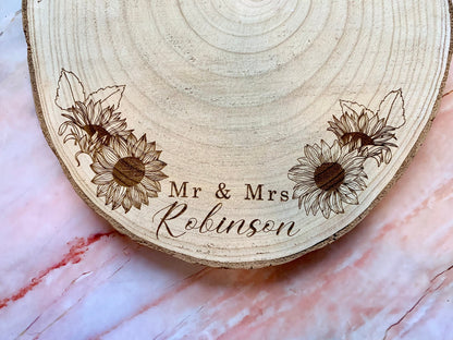 Resplendent Aurora | Personalised Engraved Wood Slice, Wedding Cake Display Board with Sunflowers