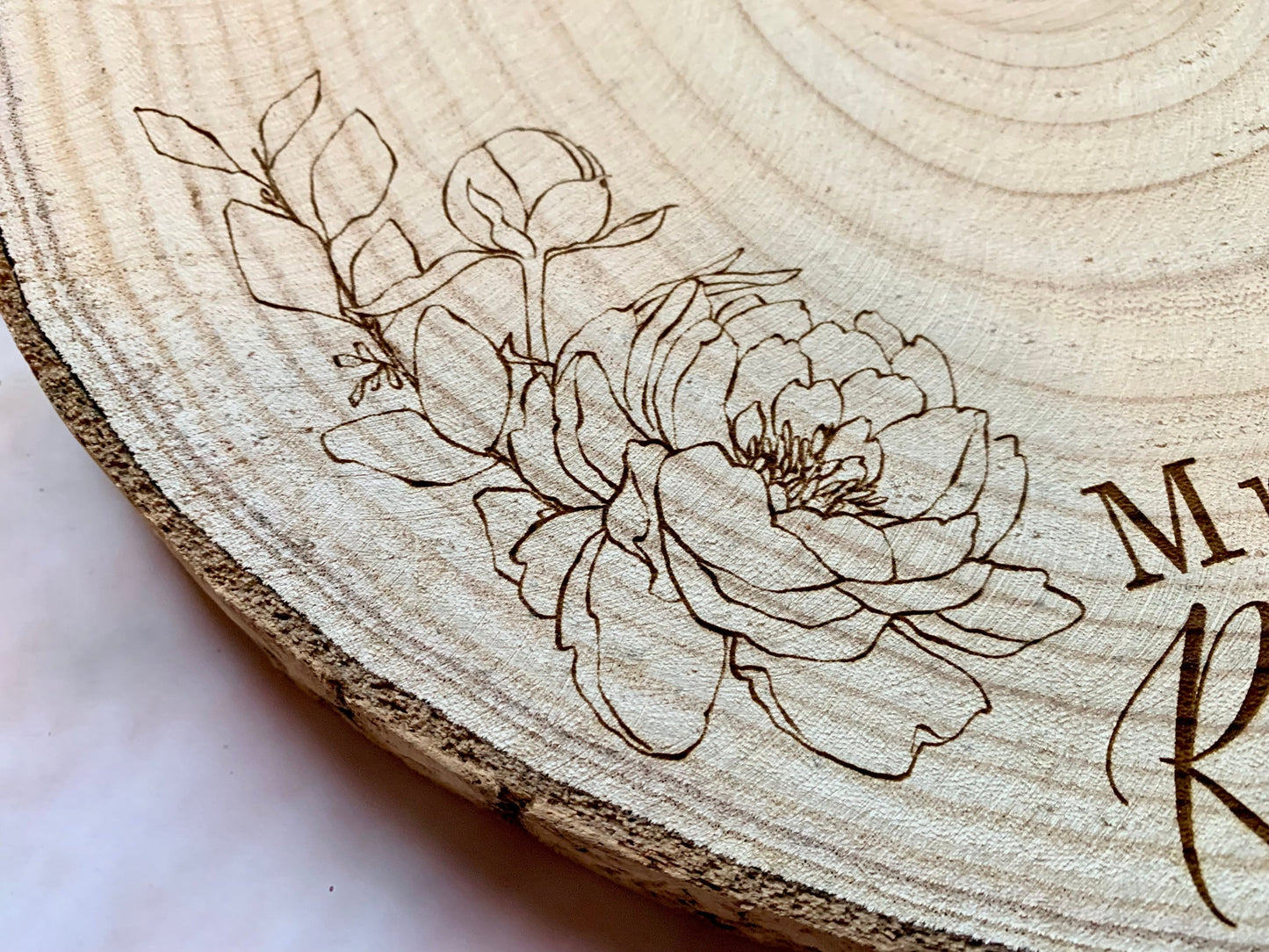 Resplendent Aurora | Personalised Engraved Wood Slice, Wedding Cake Display Board with Peonies