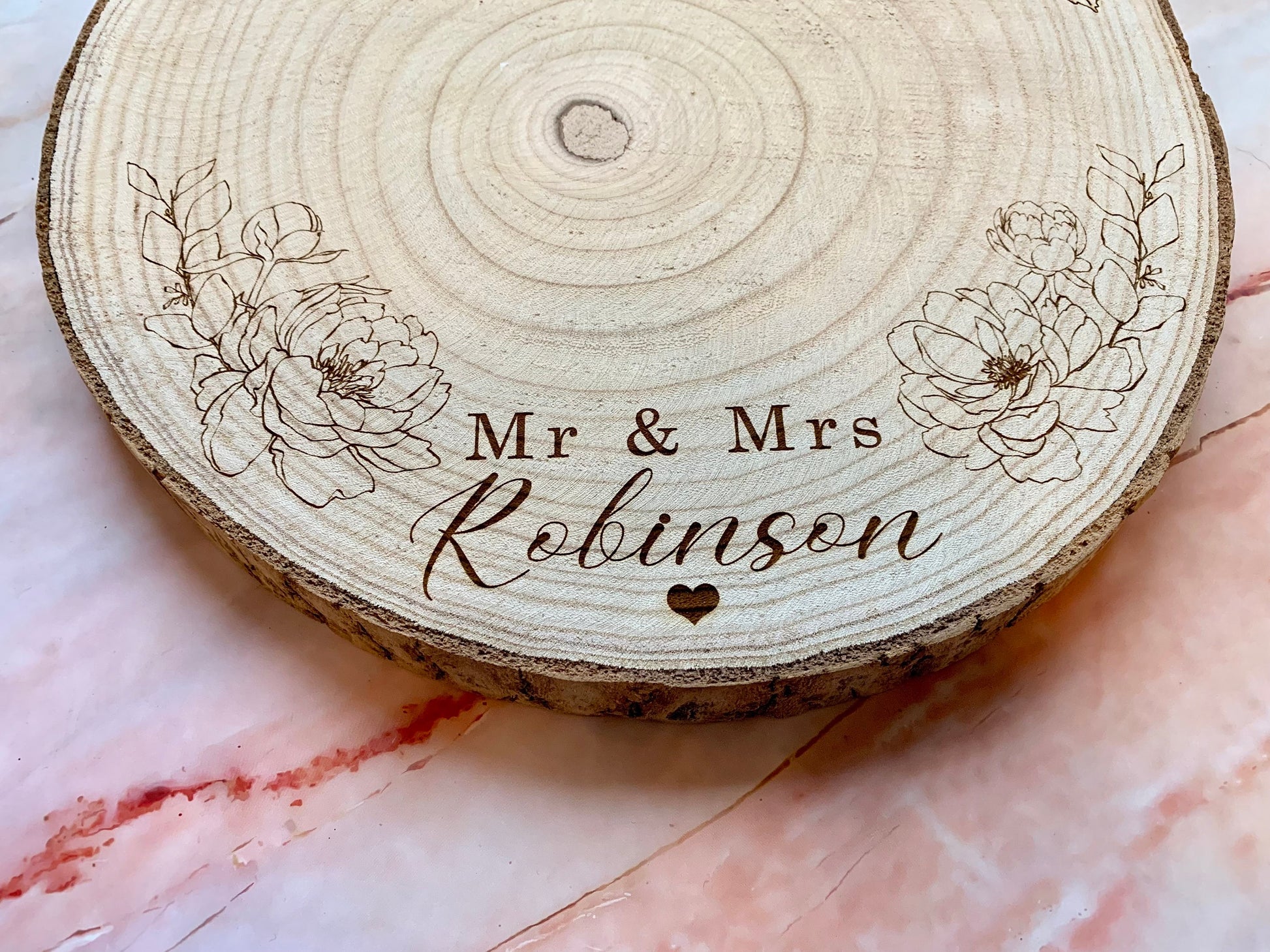 Resplendent Aurora | Personalised Engraved Wood Slice, Wedding Cake Display Board with Peonies