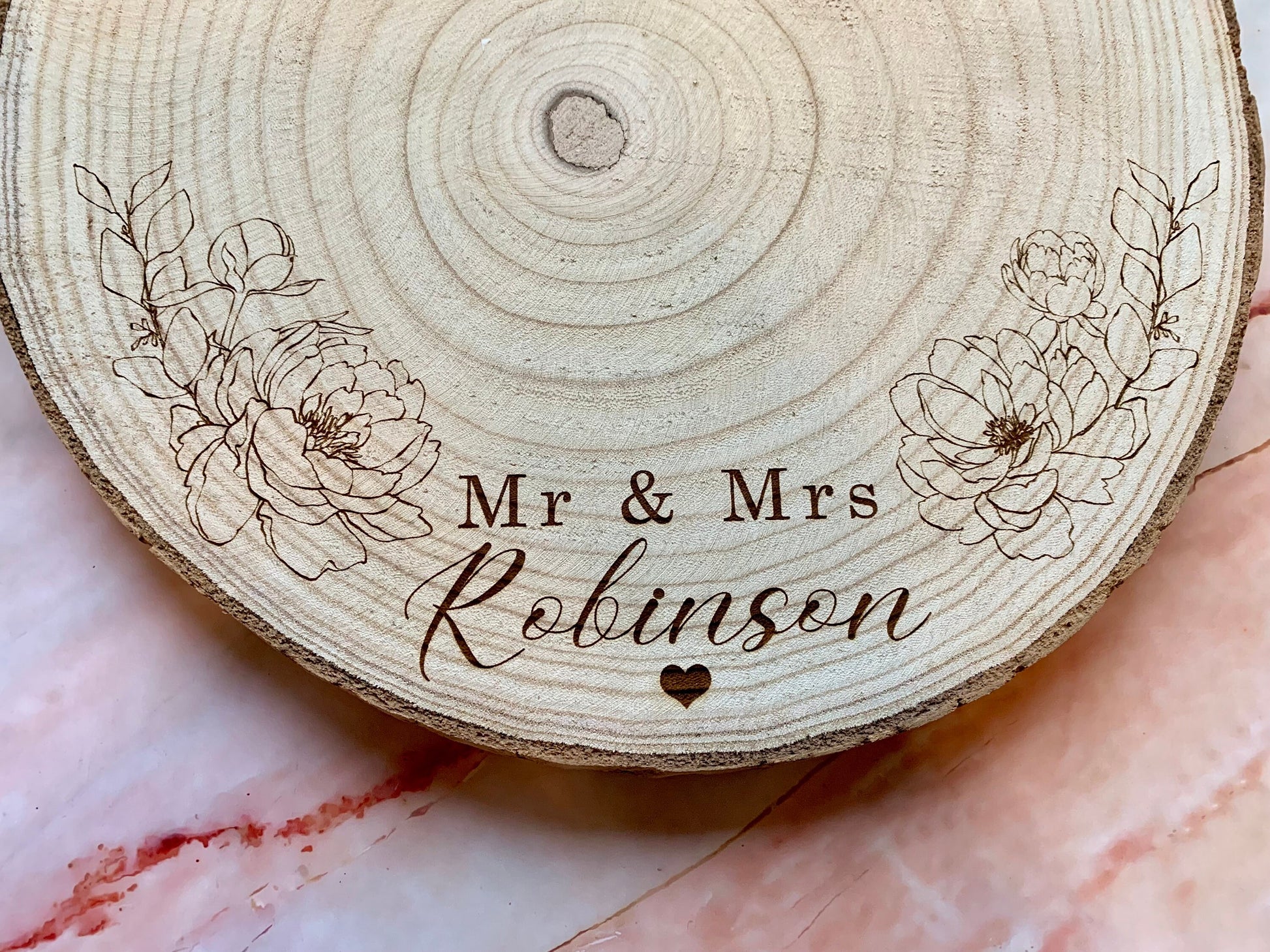 Resplendent Aurora | Personalised Engraved Wood Slice, Wedding Cake Display Board with Peonies