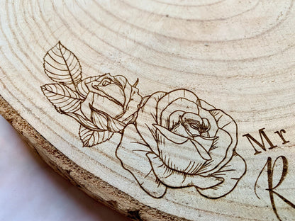 Resplendent Aurora | Personalised Engraved Wood Slice, Wedding Cake Display Board with Roses