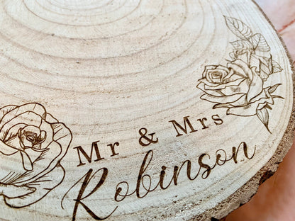 Resplendent Aurora | Personalised Engraved Wood Slice, Wedding Cake Display Board with Roses