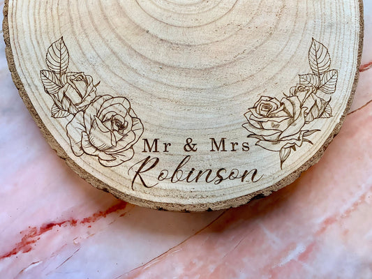 Resplendent Aurora | Personalised Engraved Wood Slice, Wedding Cake Display Board with Roses