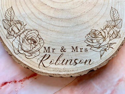 Resplendent Aurora | Personalised Engraved Wood Slice, Wedding Cake Display Board with Roses