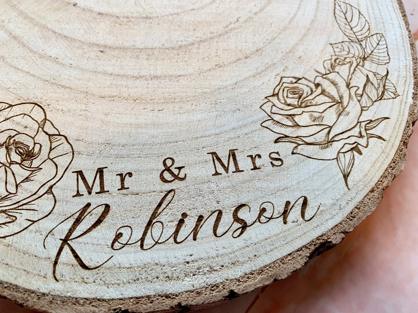 Resplendent Aurora | Personalised Engraved Wood Slice, Wedding Cake Display Board with Roses