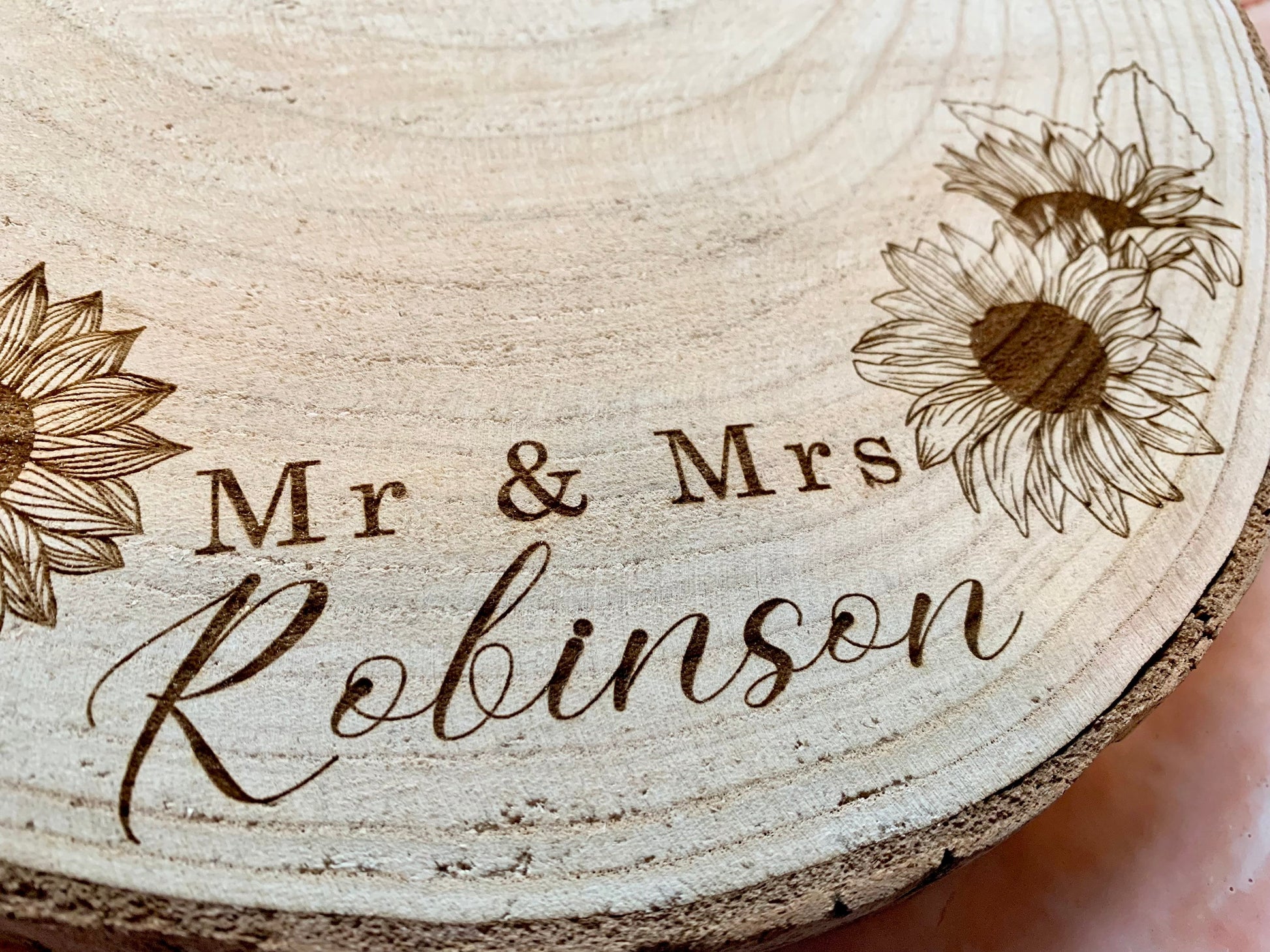 Resplendent Aurora | Personalised Engraved Wood Slice, Wedding Cake Display Board with Sunflowers