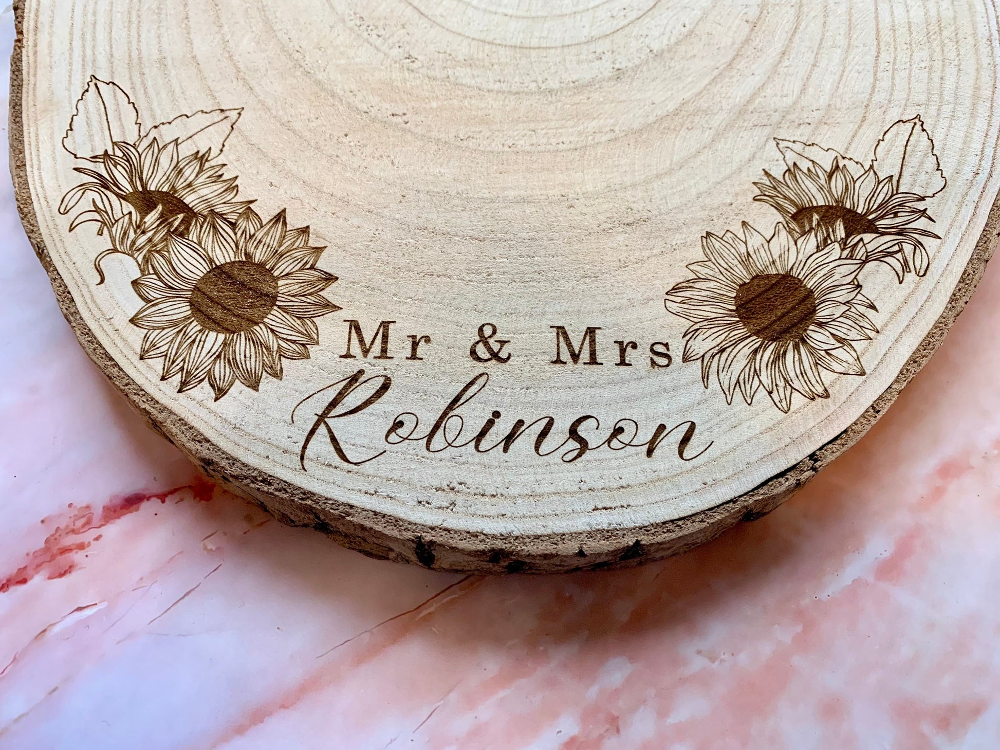 Resplendent Aurora | Personalised Engraved Wood Slice, Wedding Cake Display Board with Sunflowers