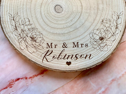 Resplendent Aurora | Personalised Engraved Wood Slice, Wedding Cake Display Board with Peonies