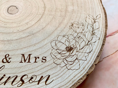 Resplendent Aurora | Personalised Engraved Wood Slice, Wedding Cake Display Board with Peonies