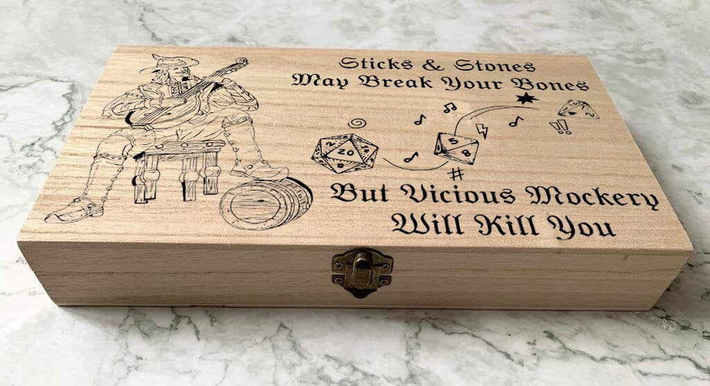 Resplendent Aurora | Personalised Engraved DnD Bard Dice Box, Vicious Mockery, Sticks an Stones May Break your Bones