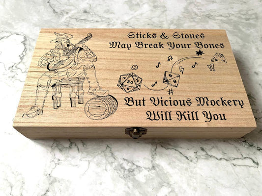 Resplendent Aurora | Personalised Engraved DnD Bard Dice Box, Vicious Mockery, Sticks an Stones May Break your Bones