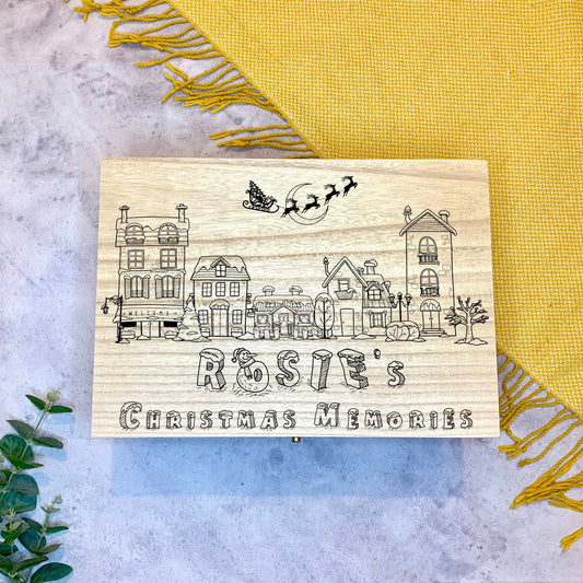 Large Personalised Engraved Wooden Christmas Eve Gift Box, Keepsake Memory Box with Snowy Houses - Resplendent Aurora