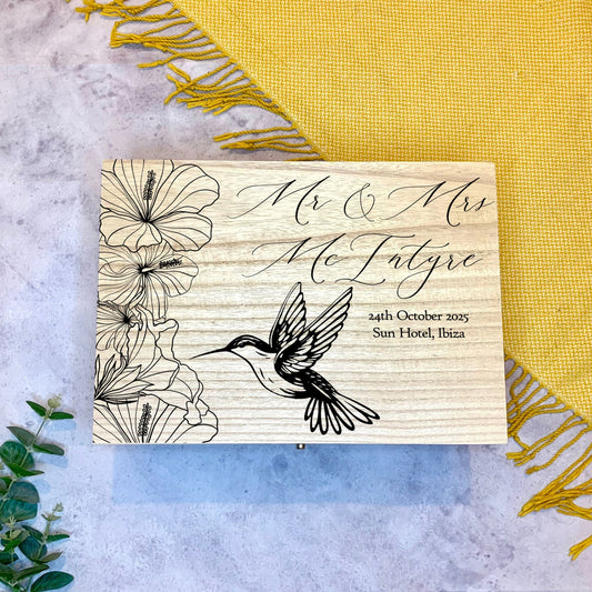 Large Personalised Engraved Wooden Wedding Keepsake Memory Box with Hummingbird and Hibiscus - Resplendent Aurora