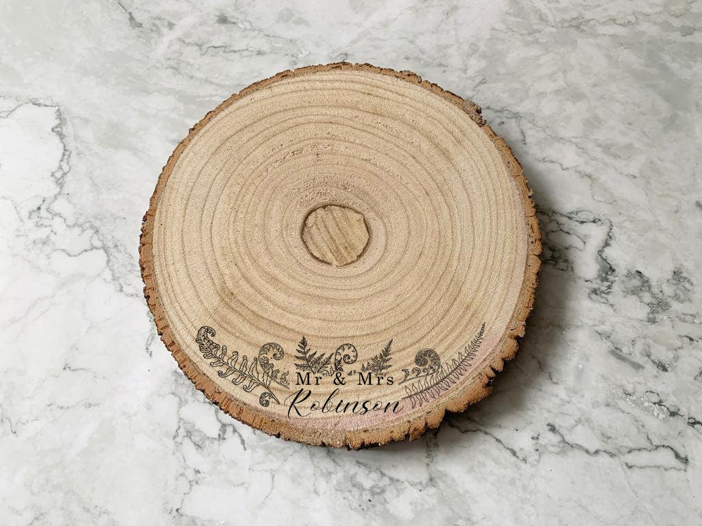 Resplendent Aurora | Personalised Engraved Wood Slice, Wedding Cake Display Board with Ferns