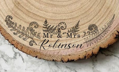 Resplendent Aurora | Personalised Engraved Wood Slice, Wedding Cake Display Board with Ferns