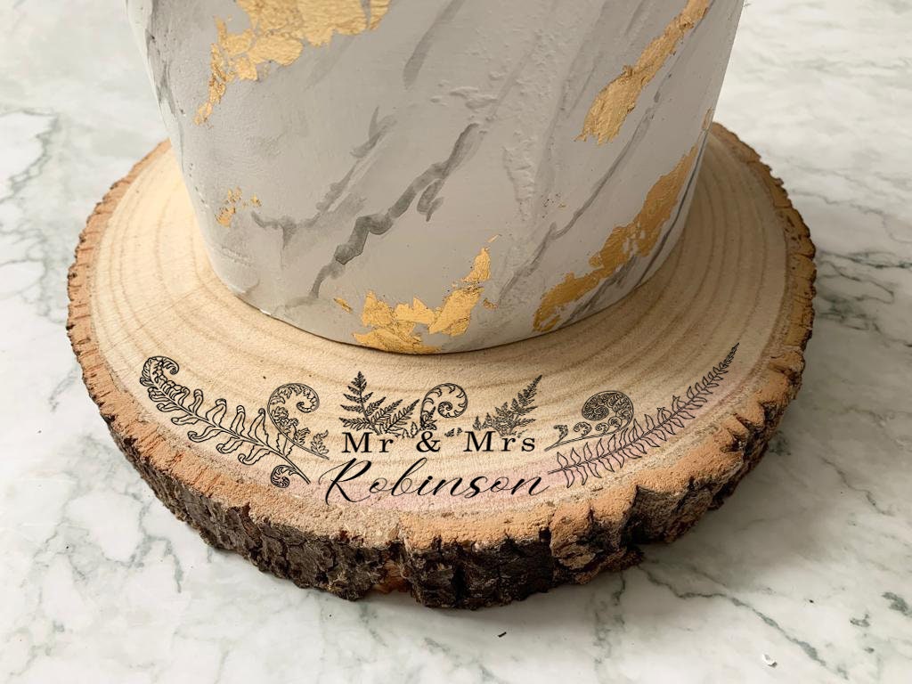 Personalised Engraved Wood Slice, Wedding Cake Display Board with Ferns - Resplendent Aurora