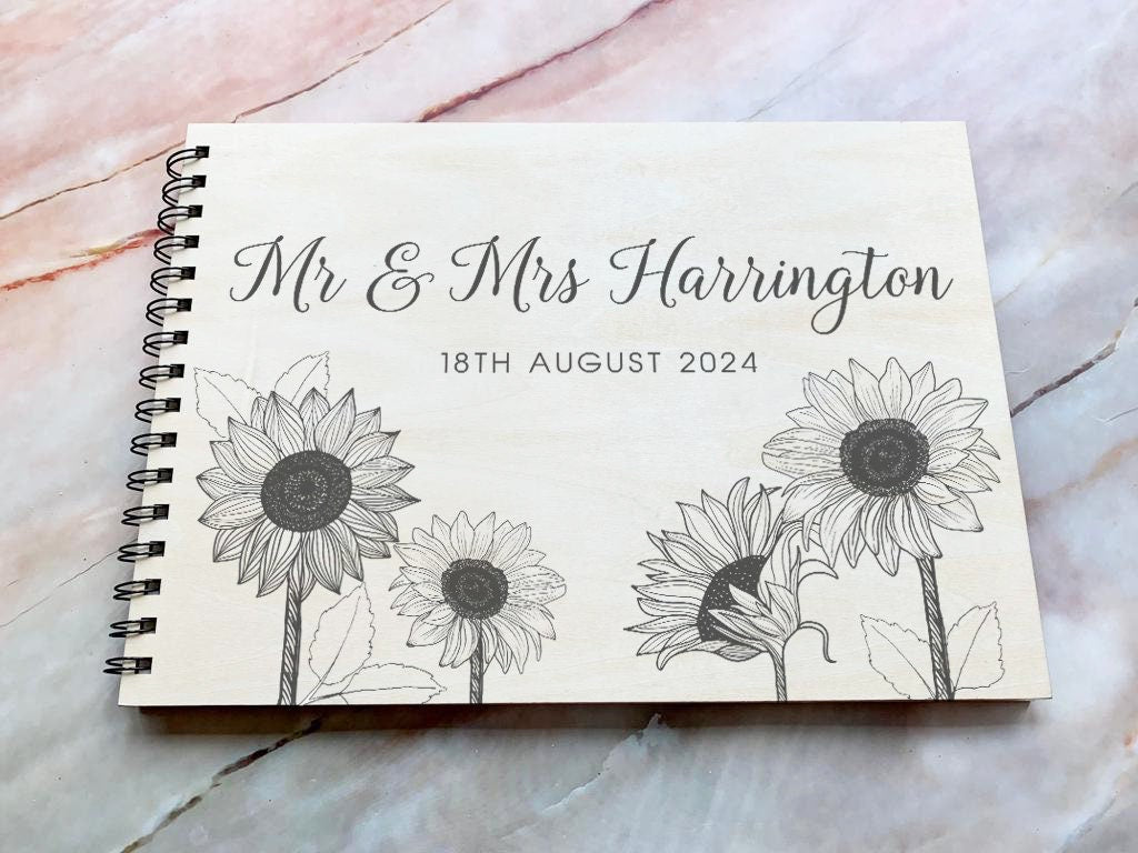 Personalised Engraved Wooden Wedding Guest Book with Sunflowers, Wedding Photo Book, Wedding Photo Album, Wedding Gift, - Resplendent Aurora