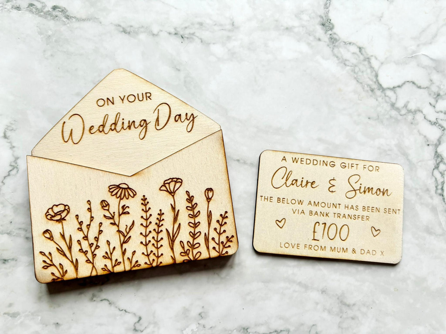 Resplendent Aurora | Personalised Engraved Wedding Envelope Gift Card Holder with Florals, Wedding Gift Voucher, Money Gift Voucher