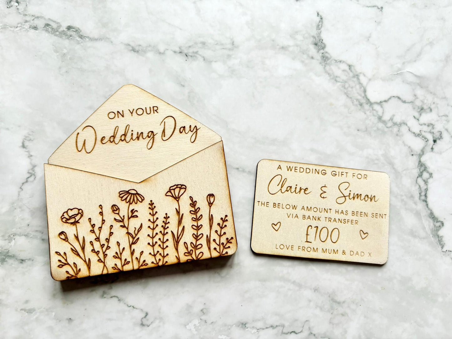 Resplendent Aurora | Personalised Engraved Wedding Envelope Gift Card Holder with Florals, Wedding Gift Voucher, Money Gift Voucher