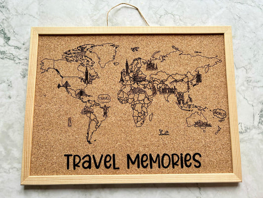 Personalised Engraved Noticeboard with World Map, Engraved Corkboard