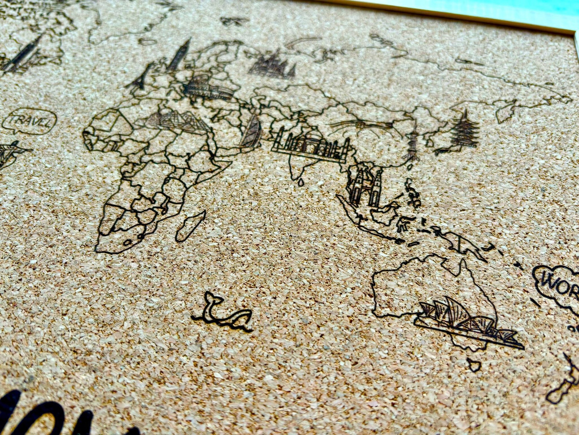 Resplendent Aurora | Personalised Engraved Noticeboard with World Map, Engraved Corkboard