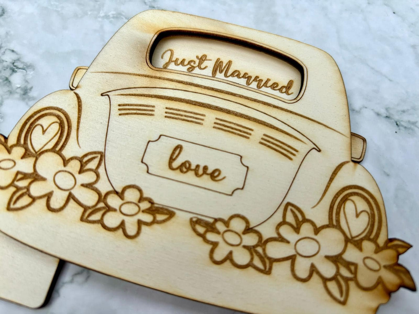 Resplendent Aurora | Personalised Engraved Wedding Car Gift Card Holder with Just Married cut out, Wedding Gift Voucher