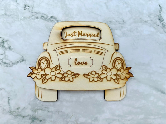 Personalised Engraved Wedding Car Gift Card Holder with Just Married cut out, Wedding Gift Voucher