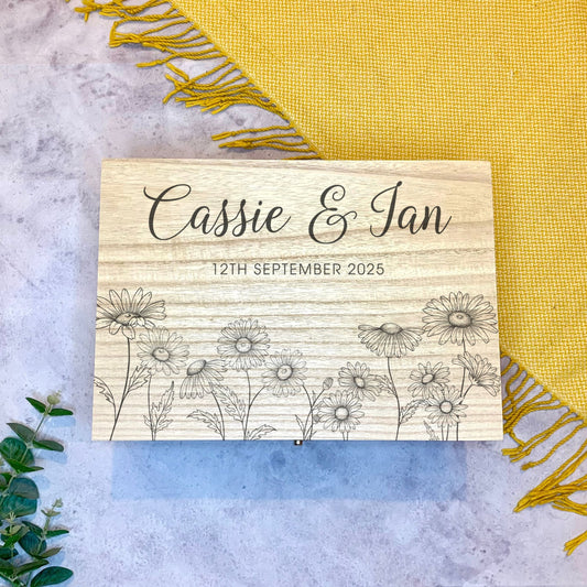 Large Personalised Engraved Wooden Wedding Keepsake Memory Box with Daisy Florals