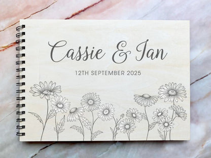 Resplendent Aurora | Personalised Engraved Wooden Wedding Guest Book with Daisies, Wedding Photo Book, Wedding Photo Album, Wedding Gift,