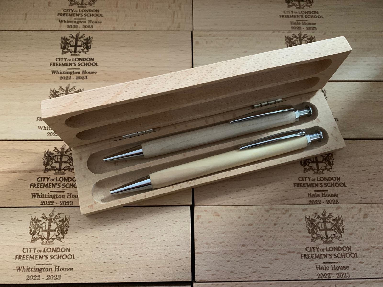 Resplendent Aurora | Personalised Engraved School Crest Pen and Pencil Gift Set, Gifts for School Leavers, Exam Result present