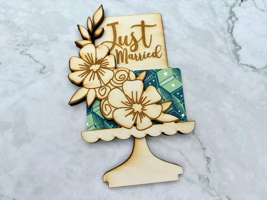 Personalised Engraved Wedding Cake Gift Card Holder with Flowers, Wedding Gift Voucher