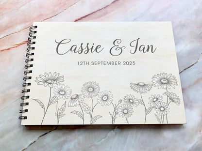 Resplendent Aurora | Personalised Engraved Wooden Wedding Guest Book with Daisies, Wedding Photo Book, Wedding Photo Album, Wedding Gift,