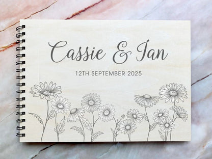 Resplendent Aurora | Personalised Engraved Wooden Wedding Guest Book with Daisies, Wedding Photo Book, Wedding Photo Album, Wedding Gift,