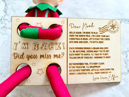 Resplendent Aurora | Personalised I'm Back Elf Arrival Postcard, Wooden Postcard, Christmas Elf Card, I'm Back Letter from Elf, Elf Christmas decor