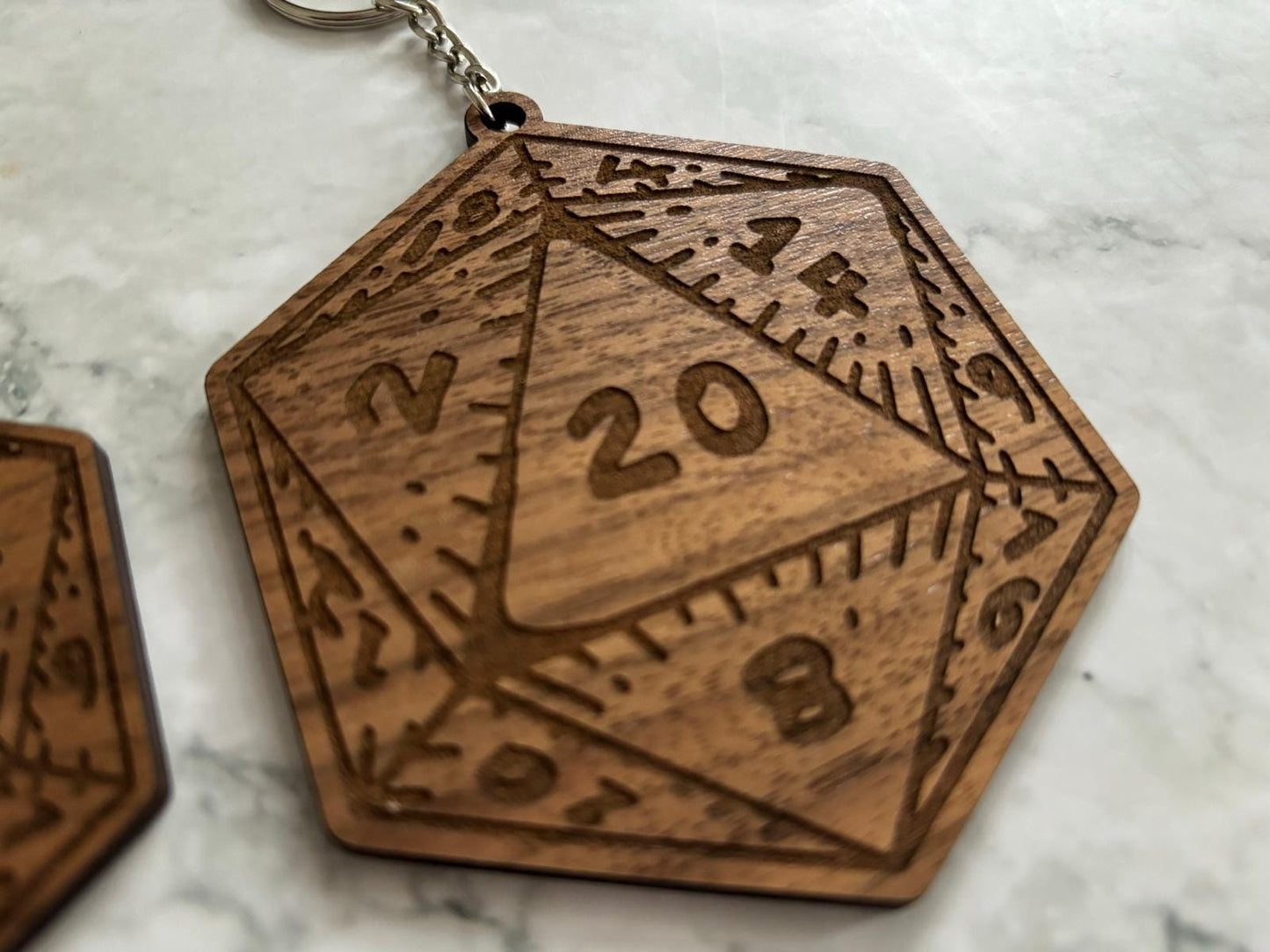 Resplendent Aurora | Personalised Oversize Wooden D20 Dice Keyring, Walnut Dice keyring, RPG TTPRG keyring