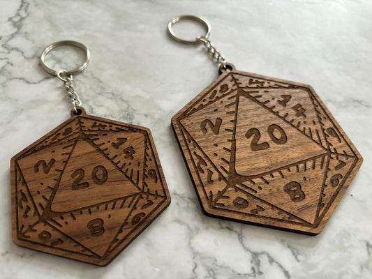 Resplendent Aurora | Personalised Oversize Wooden D20 Dice Keyring, Walnut Dice keyring, RPG TTPRG keyring