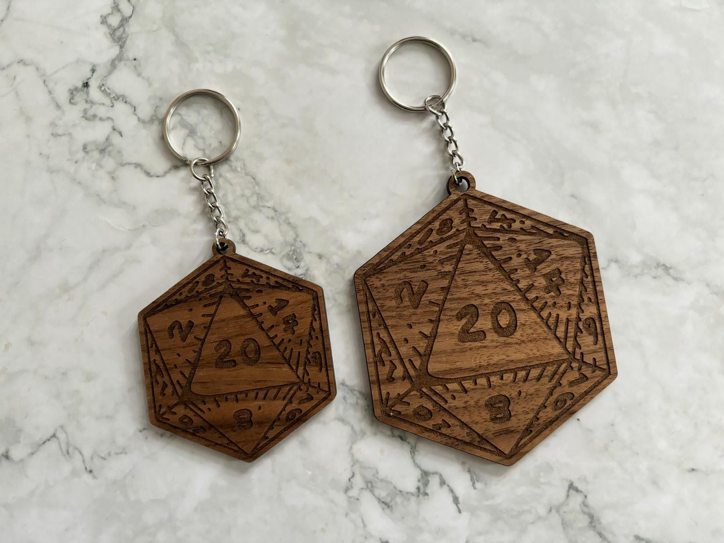 Resplendent Aurora | Personalised Oversize Wooden D20 Dice Keyring, Walnut Dice keyring, RPG TTPRG keyring