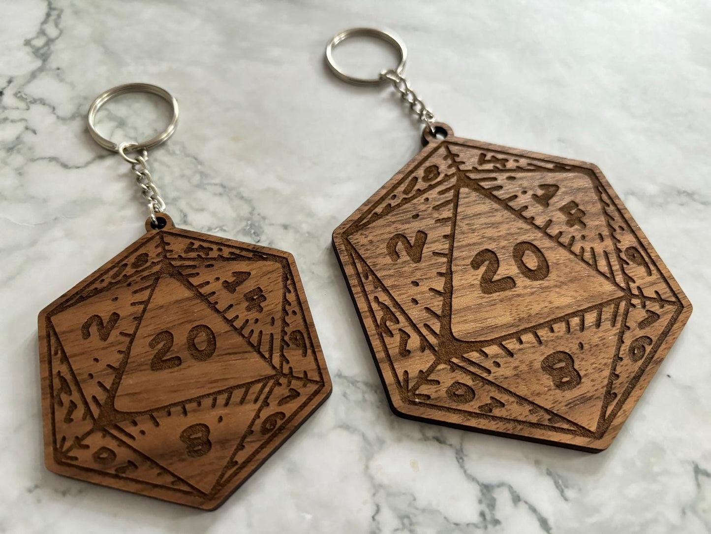 Resplendent Aurora | Personalised Oversize Wooden D20 Dice Keyring, Walnut Dice keyring, RPG TTPRG keyring