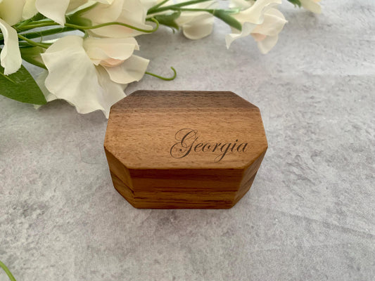 Resplendent Aurora | Personalised Hexagon Engraved Wooden Wedding Ring Box, Engagement Ring Box with Initials, Anniversary Gift, Vintage Jewellery Box