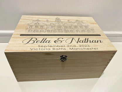 Large Personalised Engraved Wooden Wedding Post Box with Wedding Venue for Wedding Greetings Cards - Resplendent Aurora