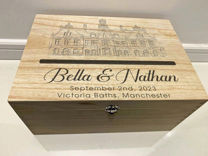 Large Personalised Engraved Wooden Wedding Post Box with Wedding Venue for Wedding Greetings Cards - Resplendent Aurora