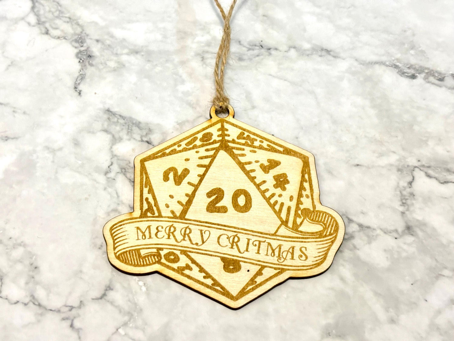 Merry Critmas D20 Dice Christmas Bauble, Critical Hit Wooden DnD Christmas Ornament - Resplendent Aurora